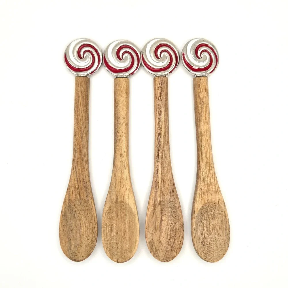 Set of 4 Wooden Peppermint Swirl Appetizer Spoons Red White Enamel Holiday Decor